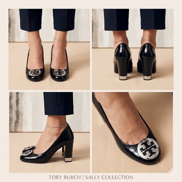 Tory Burch Shoes - Tory Burch Black Patent Leather Block Heel Pumps with Silver Hardware - Size 6